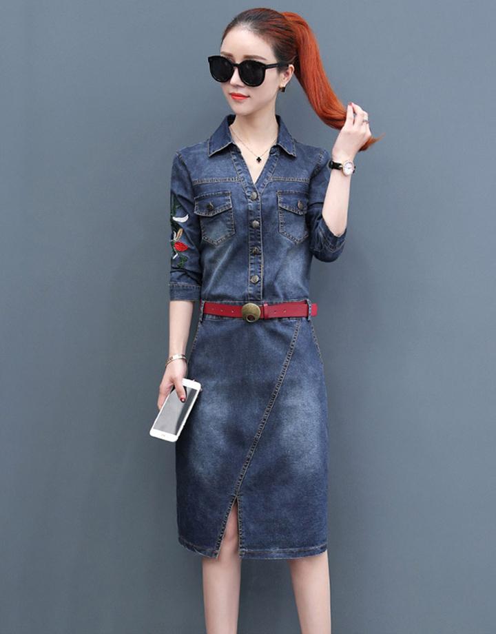 Đầm Jean Nữ Xẻ Lai Thêu Hoa