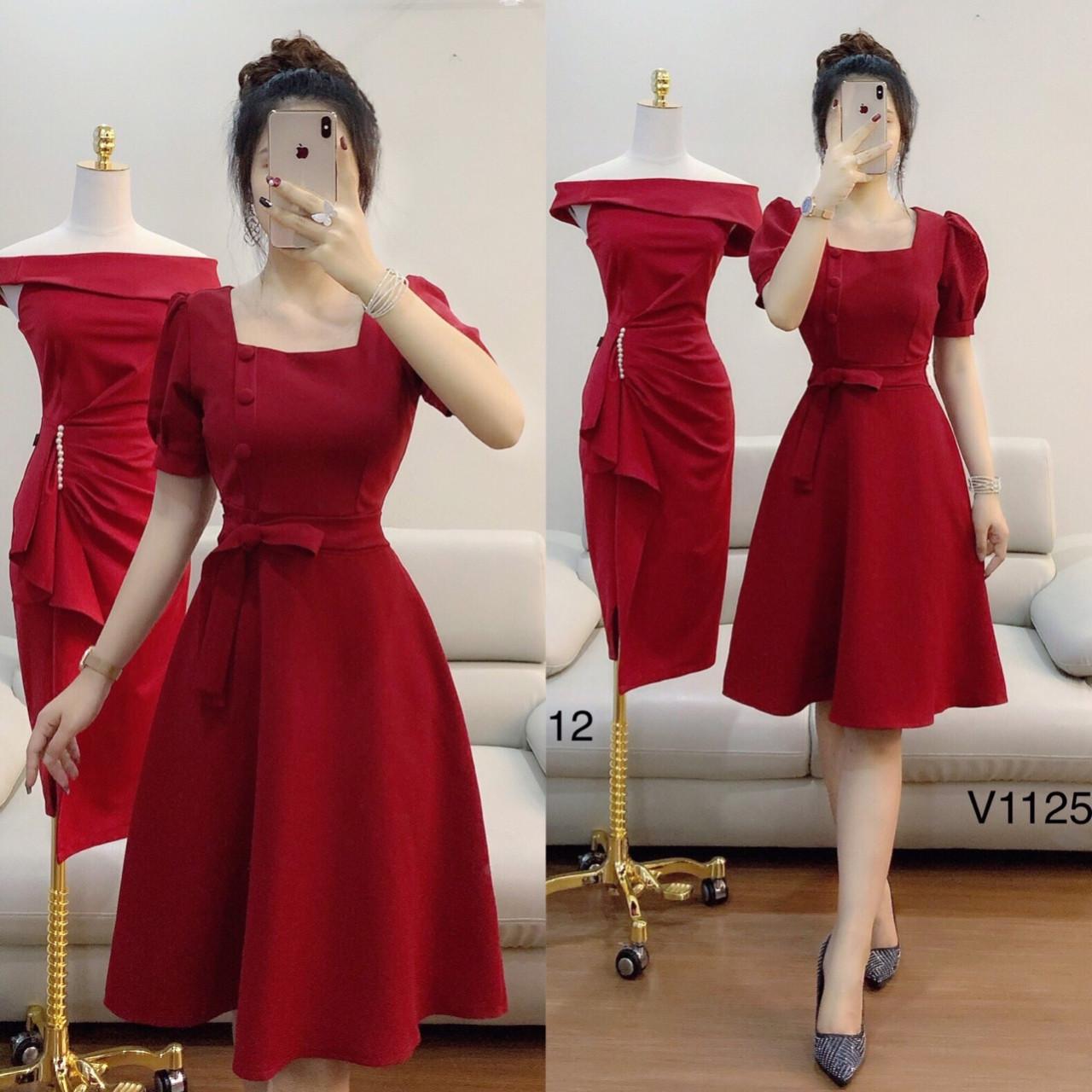 Đầm nữ thắt eo nút lệch cổ vuông tay phồng chất kate lụa vàng đỏ hồng