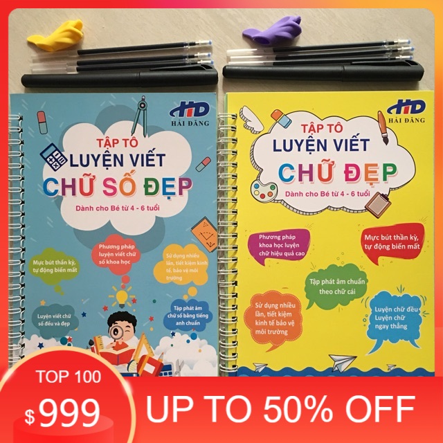 Combo 2 quyển vở luyện viết chữ số đẹp kèm bút mực thần kỳ tự động biến mất .