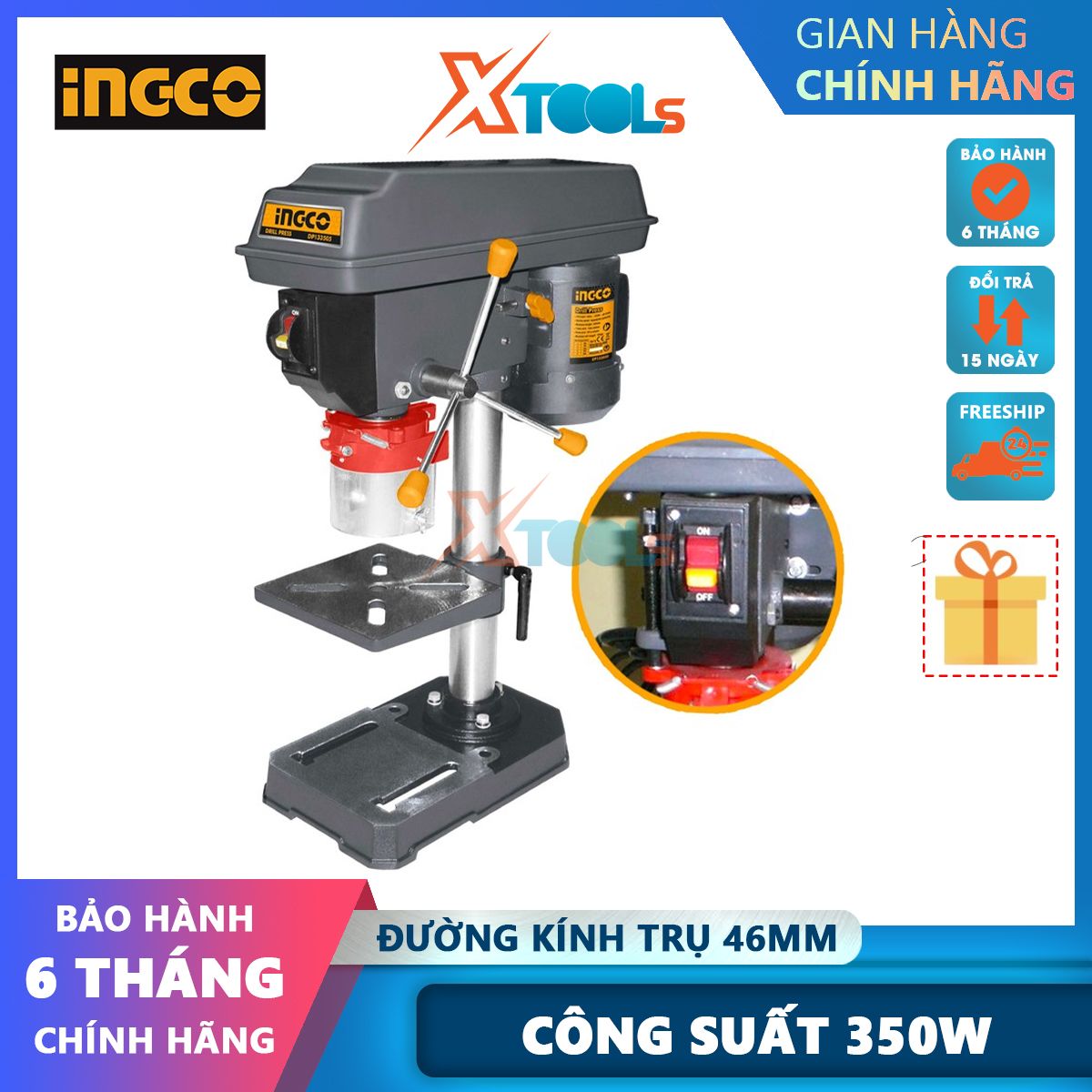 Máy khoan bàn 350w ingco dp133505 khả năng điều chỉnh bàn khoan, khoan tối đa 13 mm, số mức tốc độ 5, đường kính ống trụ 46 mm, chiều cao máy 590mm, kích thước bàn khoan 160183mm ư