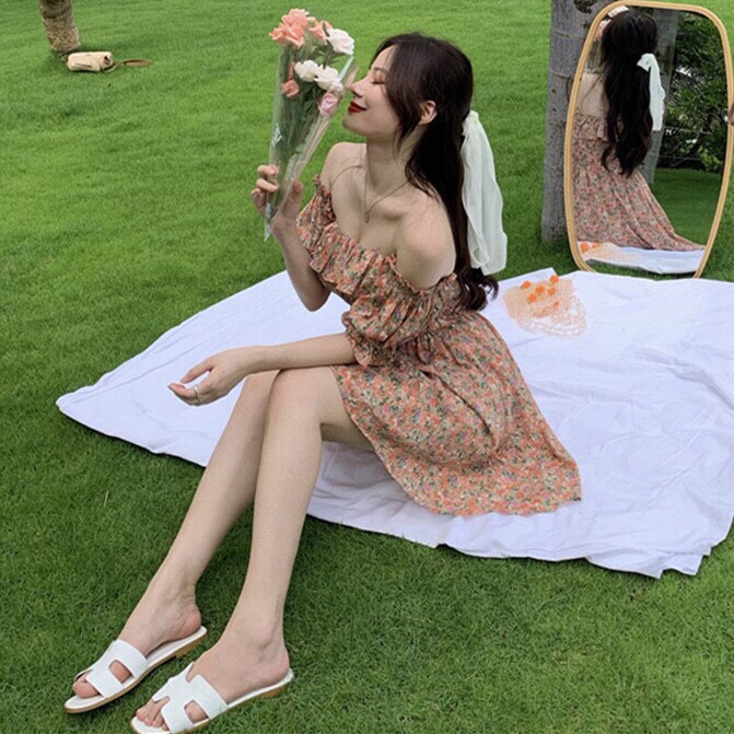 Đầm Lụa Xòe  Hoa Nhí Trễ Vai Gợi Cảm TTSA0544