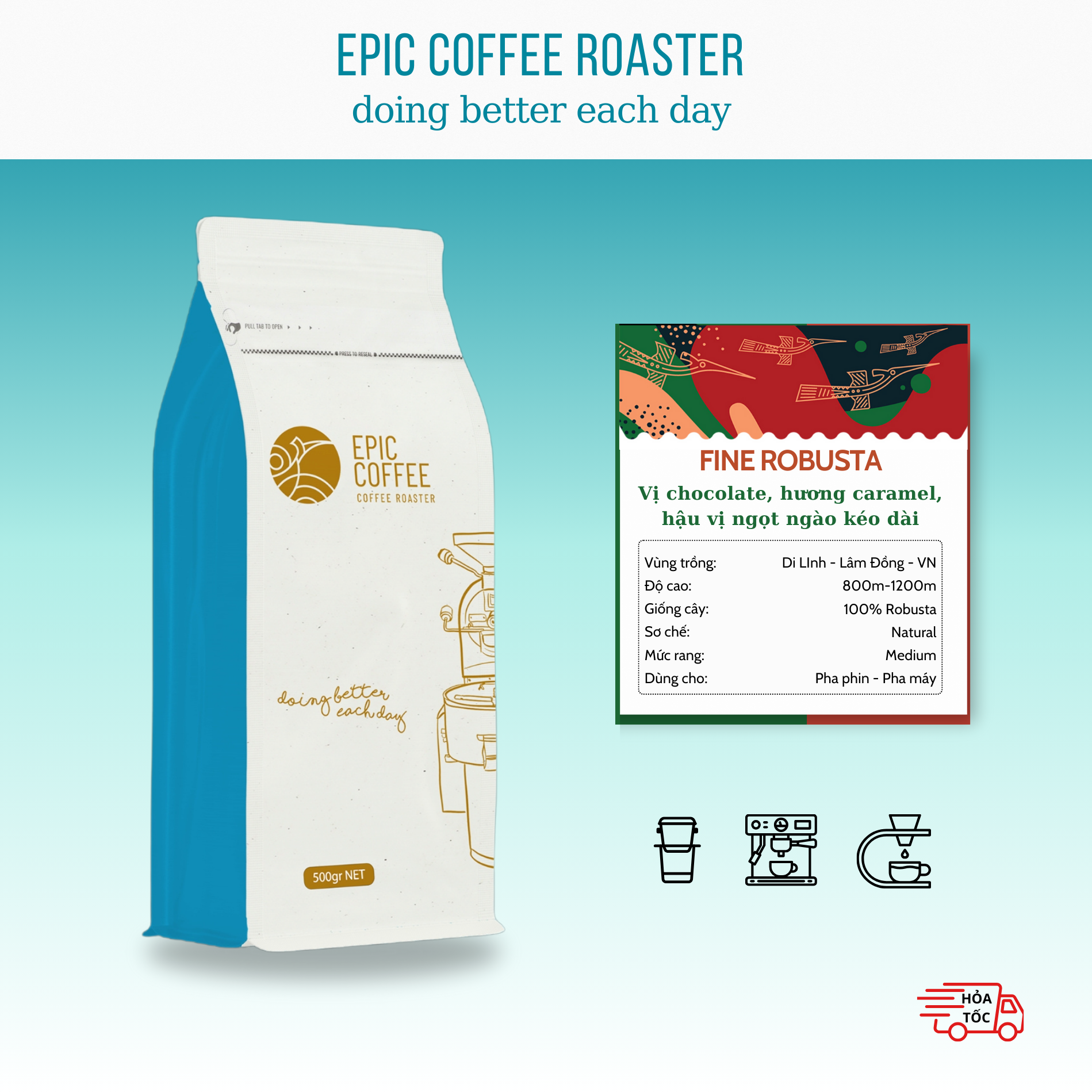 Cà phê Fine Robusta Natural nguyên chất 100% vị chocolate, thơm caramel, hậu vị ngọt ngào pha máy pha phin