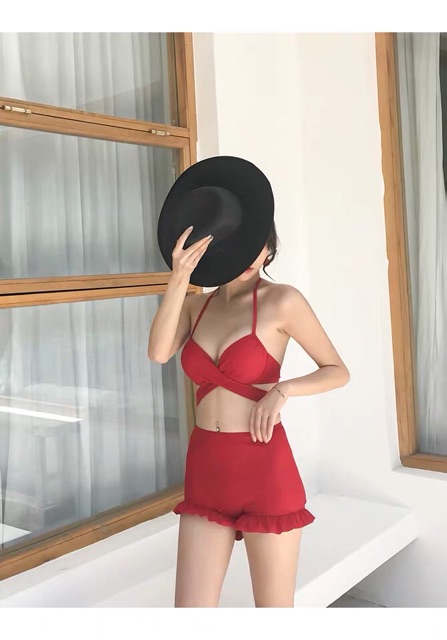 Bikini áo chéo eo nâng ngực mix quần cao short bèo