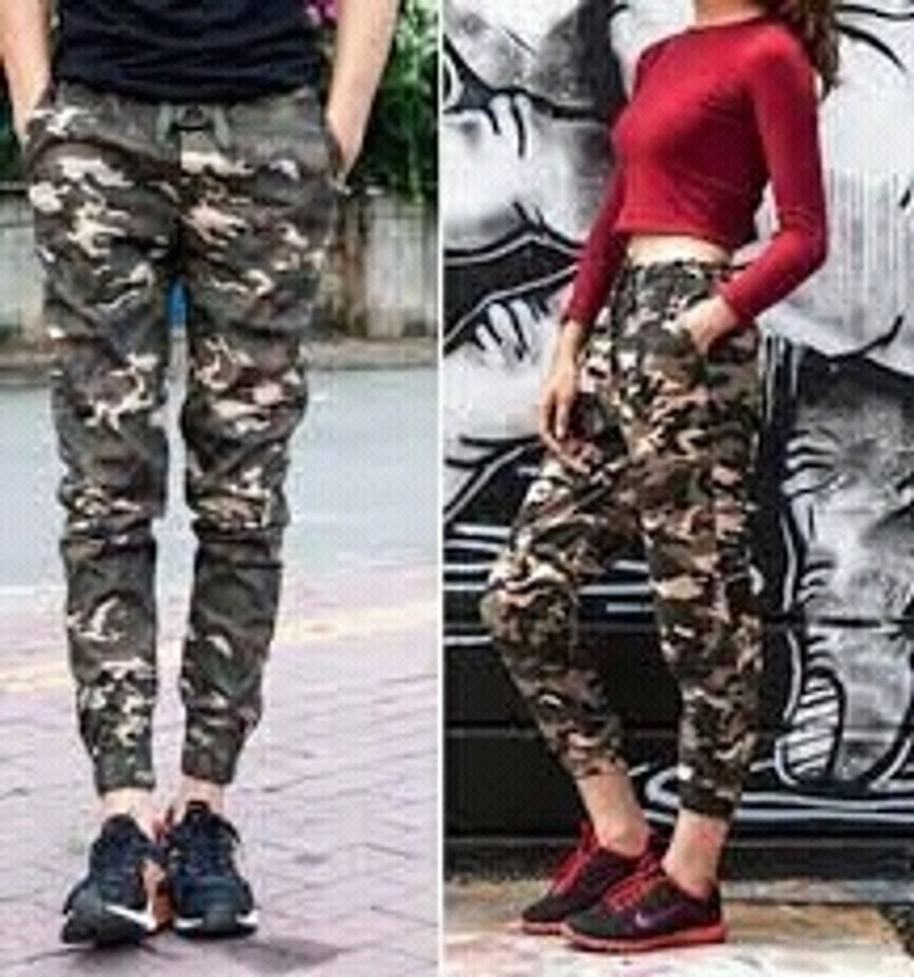 Quần kaki đi phượt phong cách lính sọc rằn ri nam nữ mặc