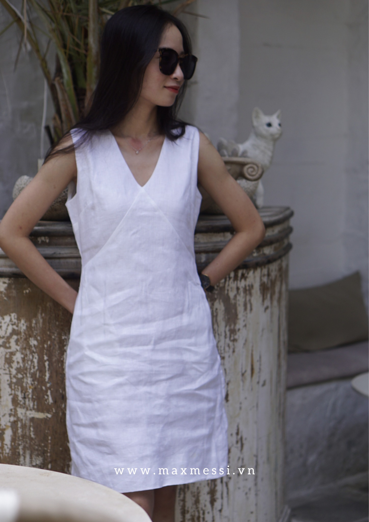 Đầm linen cổ tim lorenzo - maxmessi
