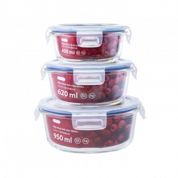 Hộp Thủy tinh kháng khuẩn Nikko xuất Nhật Bản hộp tròn 400ml, 620ml, 950ml chịu nhiệt tốt