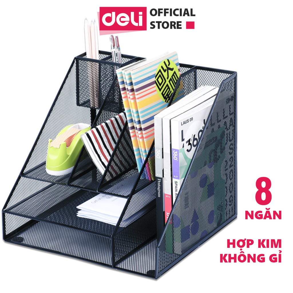 Giá đựng tài liệu 8 ngăn bằng sắt màu đen Deli - thép chống gỉ - 31x29x29cm - 9832