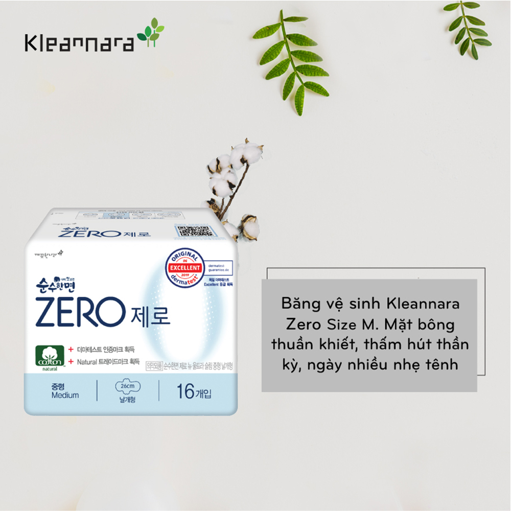 Băng Vệ Sinh Kleannara Zero Mặt Bông Siêu Mỏng Cánh 26cm 16 Miếng