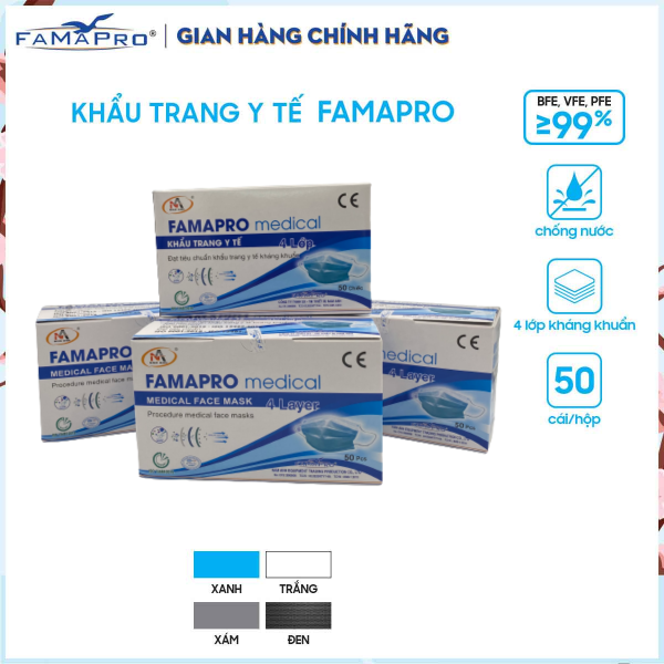 Combo 4 hộp khẩu trang y tế 4 lớp kháng khuẩn Famapro (50 cái / Hộp)