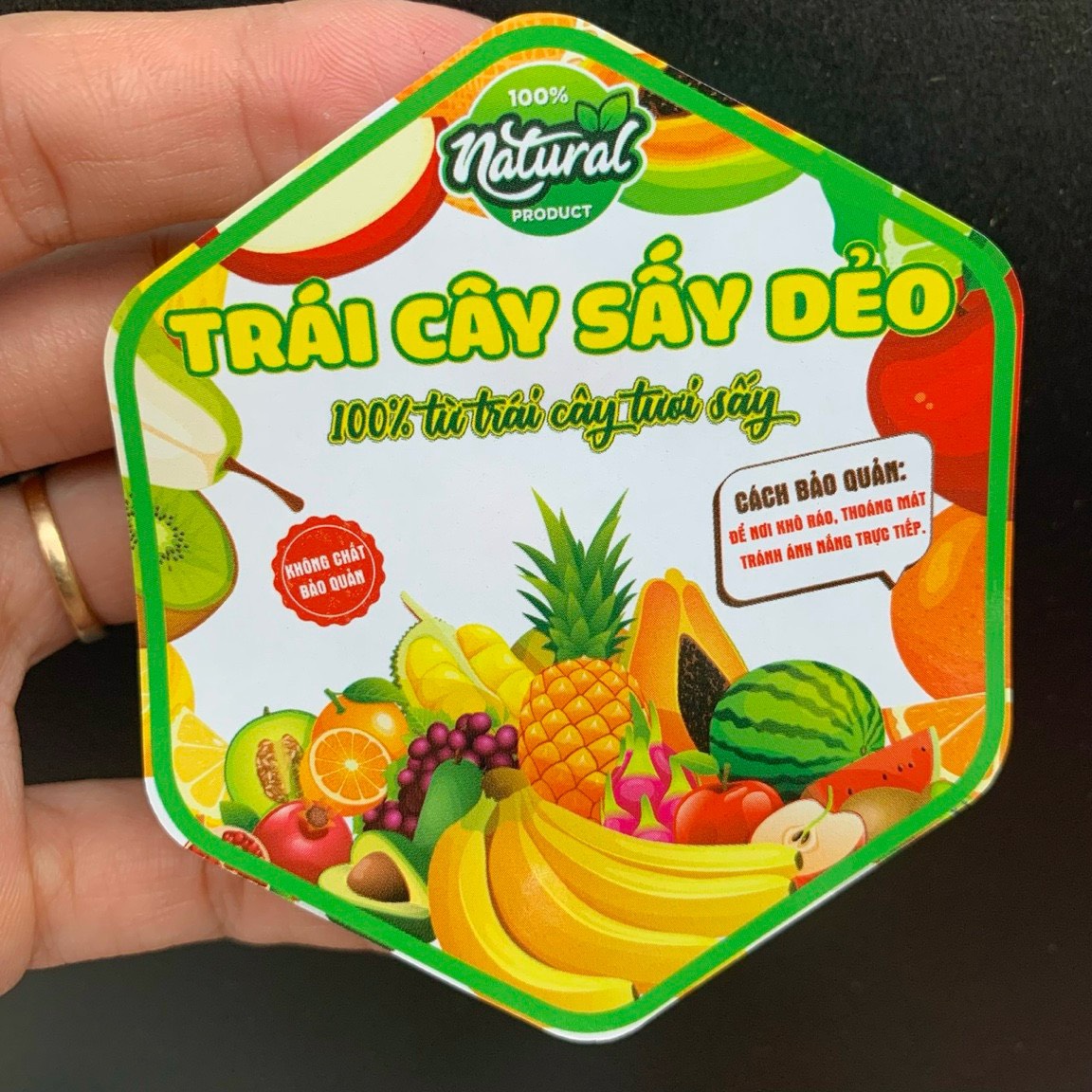 55 tem dán "trái cây sấy dẻo" - lục giác 7x8cm