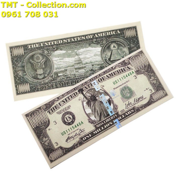 Tiền lưu niệm 1 triệu USD dạ quang; có dây bảo an biến đổi quang học dọc tờ tiền, phát quang dưới tia UV tím để ra các hình bảo an chìm; Kích thước 15,5 x 6,5cm (Dài x Rộng)-SP002397