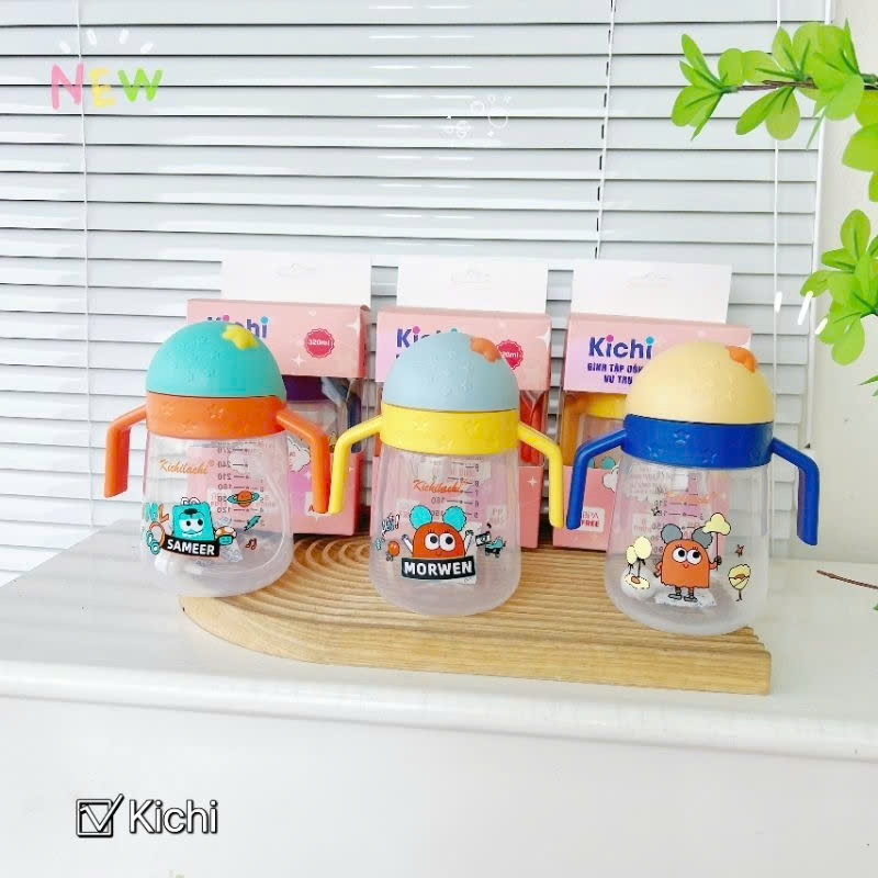 Bình tập uống nước ống hút cho bé Kichilachi Gấu 240ml