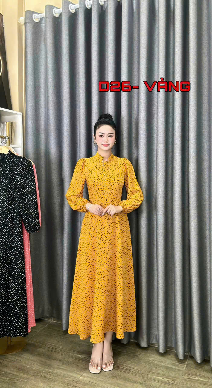 ĐẦM MAXI CHẤM BI TAY DÀI CÀI NÚT DUYÊN DÁNG