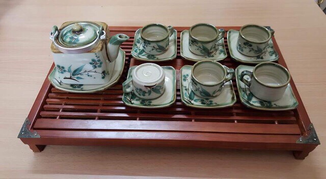 Khay trà ấm chén bọc đồng 43x28cm