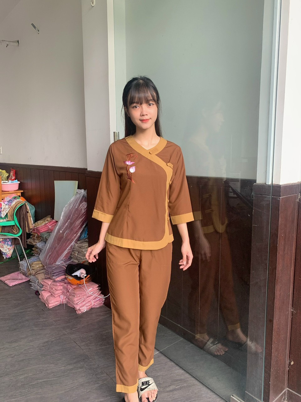 Bộ đồ lam đi chùa # mẫu tim phối vải kate mềm thêu hoa sen
