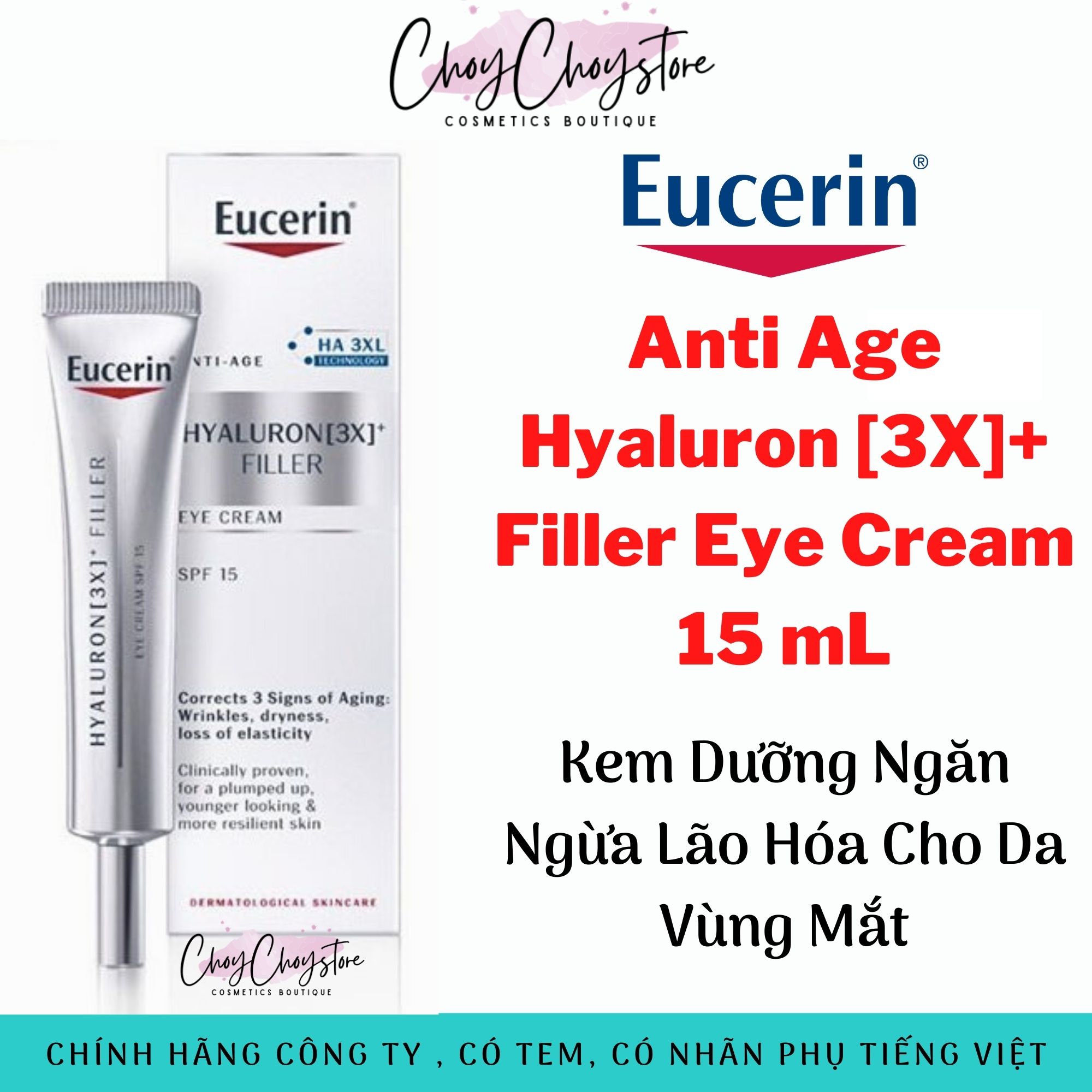 [Mẫu Mới 2023] Kem Mắt Eucerin Hyaluron Filler Eye Cream SPF15 15mL -  Kem Dưỡng Ngăn Ngừa Lão Hóa Vùng Mắt