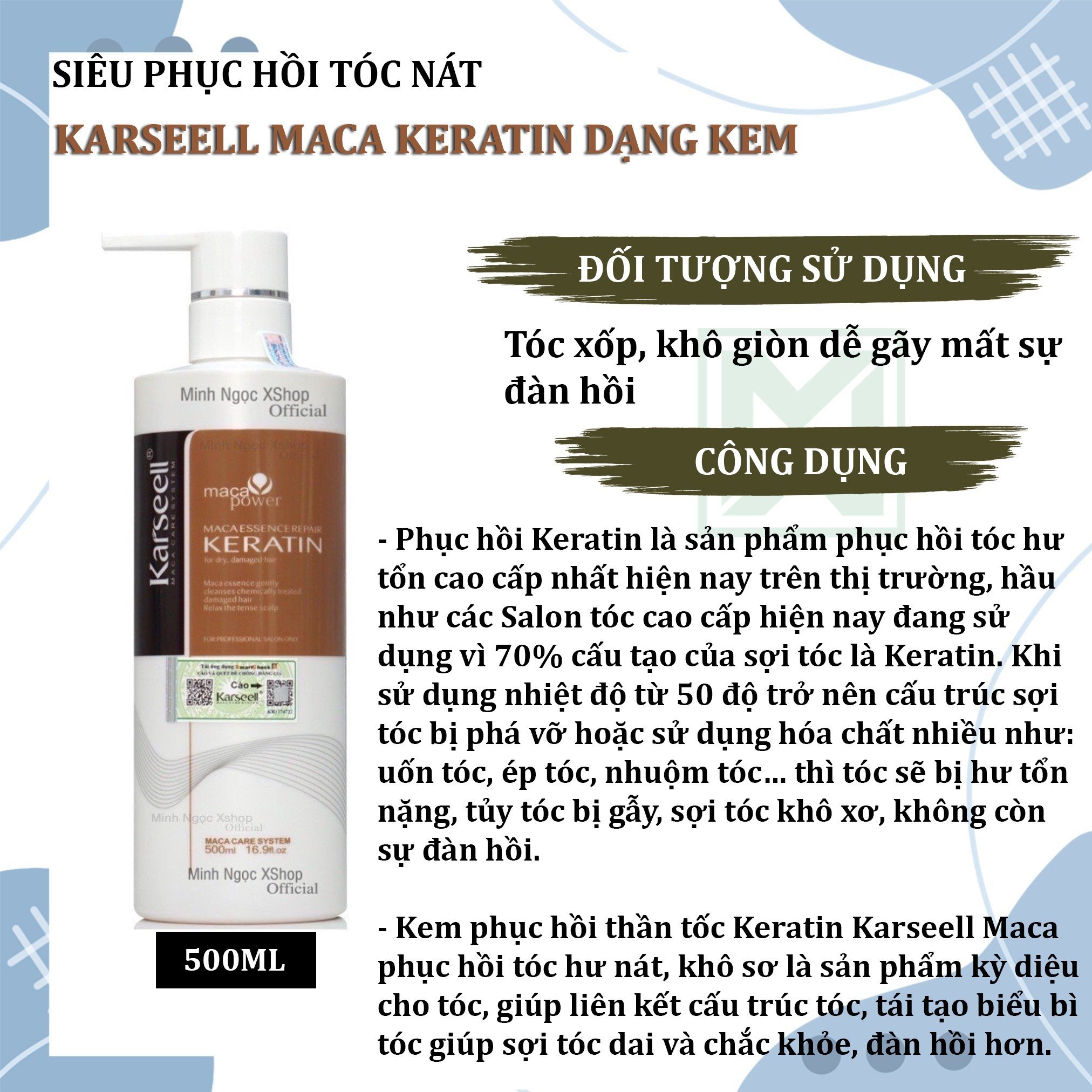 Phục hồi tóc nát Keratin Karseell Maca dạng kem 500ML