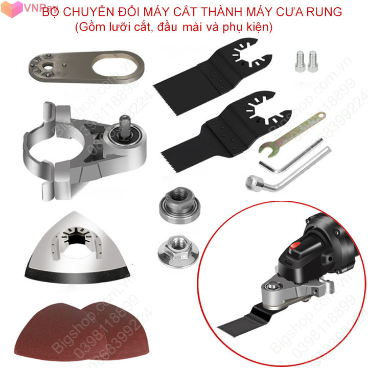 Bộ dụng cụ chuyển đổi máy cắt cầm tay (Trục D10mm) thành máy cắt dao động đa năng, kèm 2 lưỡi cắt 1 đầu mài và phụ kiện