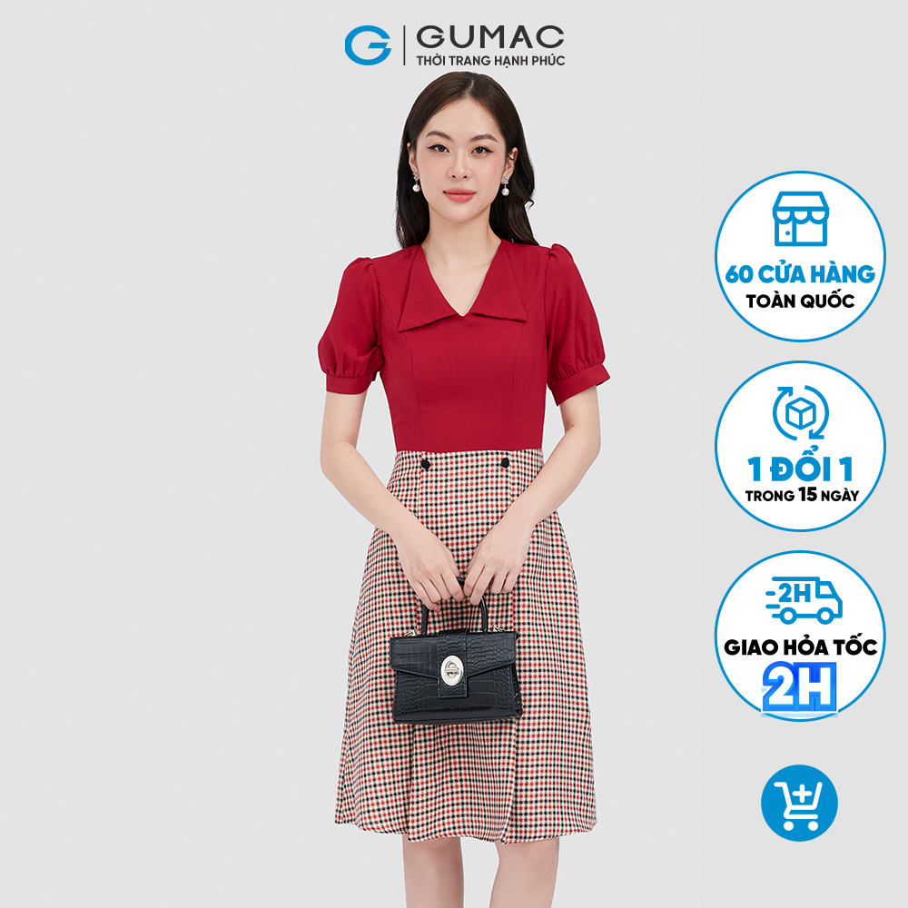 Đầm form A cổ bẻ phối nút GUMAC LD1014