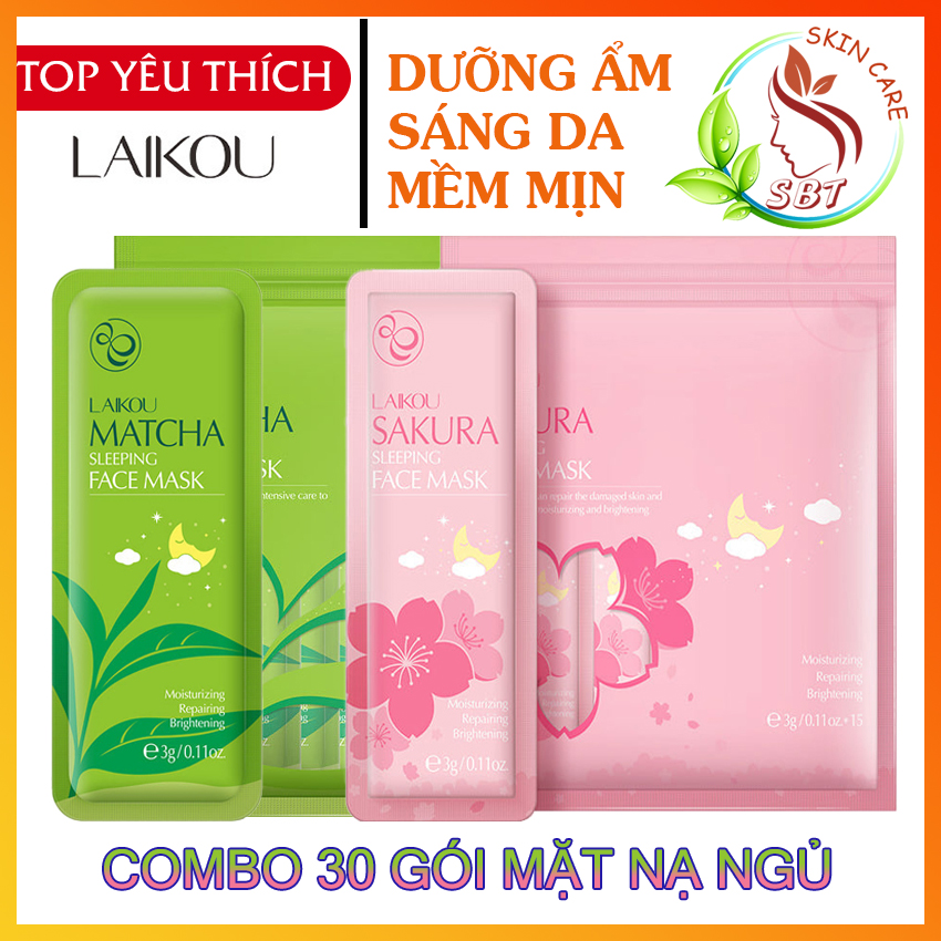 [COMBO 2 Bịch] Gồm 30 Gói Mặt Nạ Ngủ Laikou Trà Xanh Matcha + Hoa Anh Đào Sakura – Dưỡng Ẩm Qua Đêm, Phục Hồi Da, Giúp Da Trắng Sáng, Săn Chắc, Kiềm Dầu, Se Khít Lỗ Chân Lông