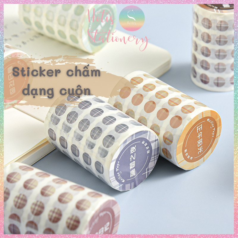 Cuộn sticker chấm tròn kẻ sọc phối màu, cuộn dài 3m trang trí sổ, bullet journal