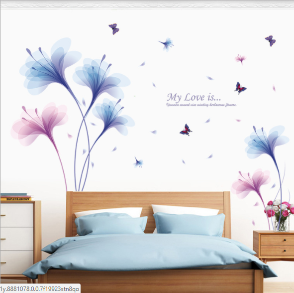 DECAL DÁN TƯỜNG HOA XANH TÍM VÀ CÀNH ĐÀO HỒNG
