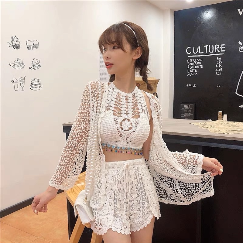 54-Sét Ren Bikini Đi Biển Thổ Cẩm QC 3 Món
