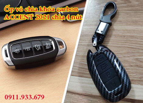 [HCM] Ốp Vỏ Chìa khóa Carbon Hyundai Accent 2021 2022 2023 2024 - chìa 4 nút bấm-  kèm móc treo tiện lợi