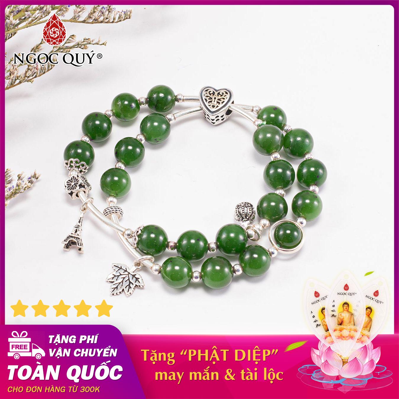 Vòng chuỗi hạt đeo tay 2 line nữ đá ngọc bích phối khóa trái tim 8mm mệnh hỏa , mộc - Ngọc Quý Gemstones