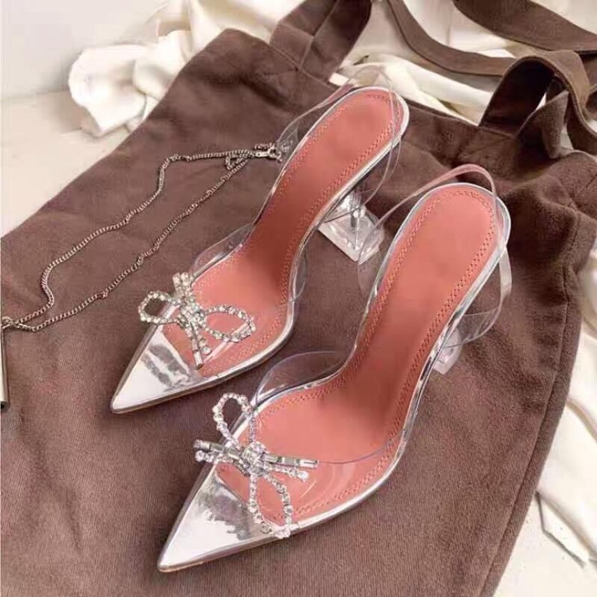 Guốc nữ mika cao cấp phối nơ đá gót trụ 7p trong suốt lên chân sang chảnh giá rẻ
