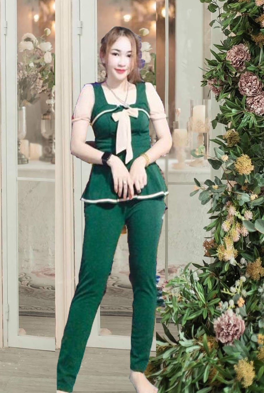 Set bộ thun cát hàn bành bèo nơ áo mặc nhà