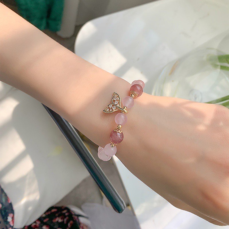 Vòng Tay Chuỗi Hạt Pha Lê Hồng Hình Đuôi Cá Cho Nữ