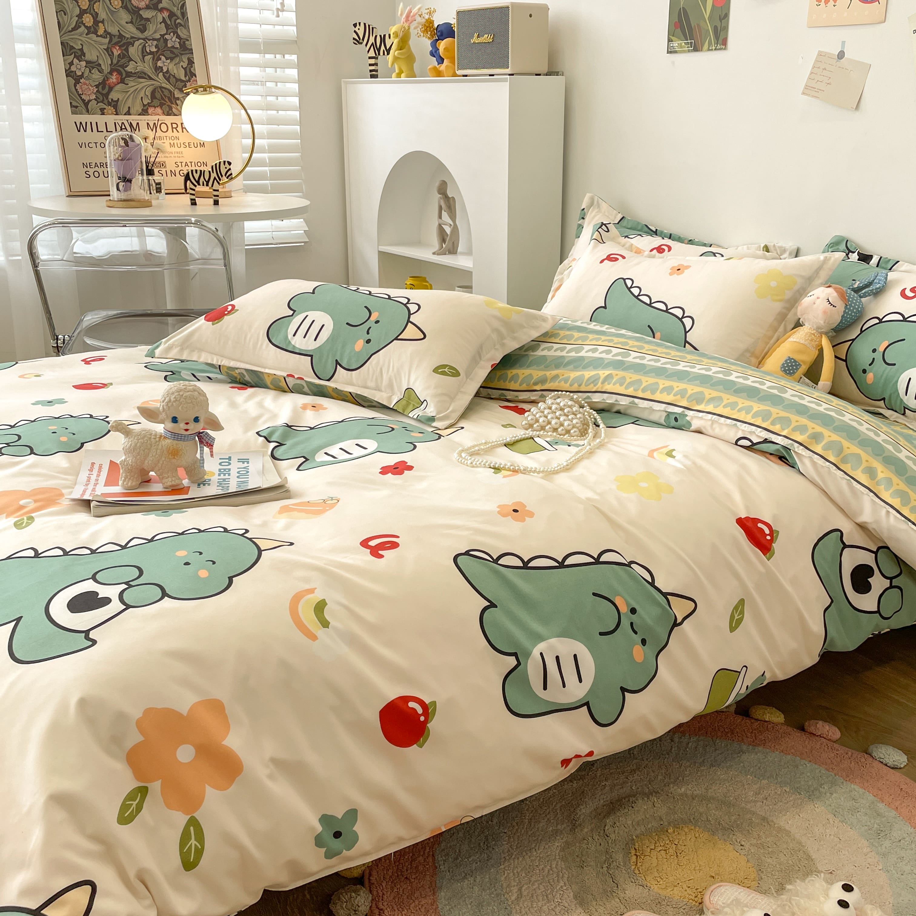 Bộ 4 Món Vỏ Chăn Ga Gối Coton poly Khủng long cà chua cao cấp ( không kèm ruột )