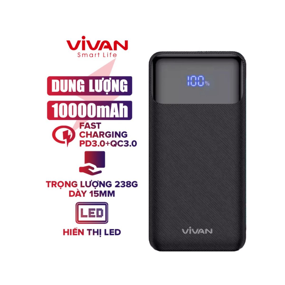 Pin sạc dự phòng chính hãng 10000mah sạc nhanh pd/qc 3.0 vivan vpb-x10 20w