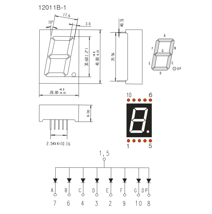 Led 7 đoạn 1.2 inch 29x40mm Anode 120101BR (Dương chung)