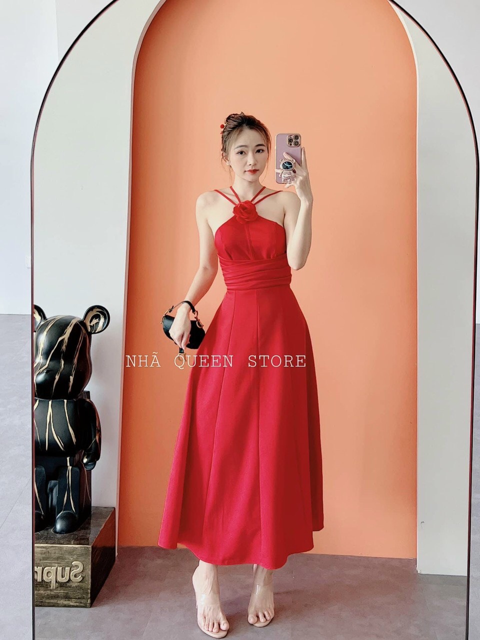 Váy đầm nữ cổ đan dây kết bông đi dự tiệc đám cưới siêu xinh
