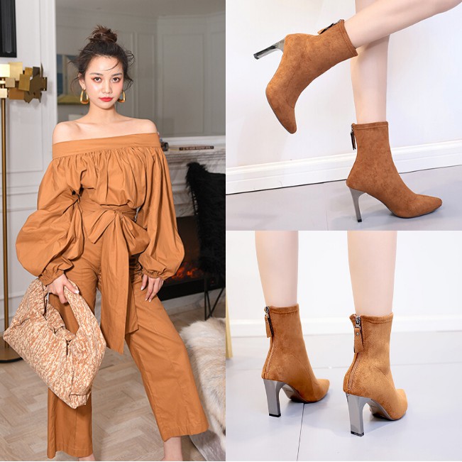 [HCM]Giày Boot Nữ Cổ Lửng Đế 8Cm Da Lộn Màu Da Bò GBMN-01B2