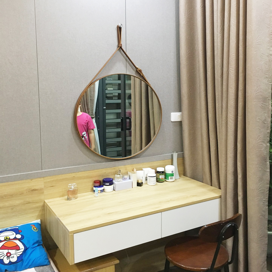 (Size 50cm) Gương Tròn Treo Tường Viền Da Simili (Màu Vàng Bò)
