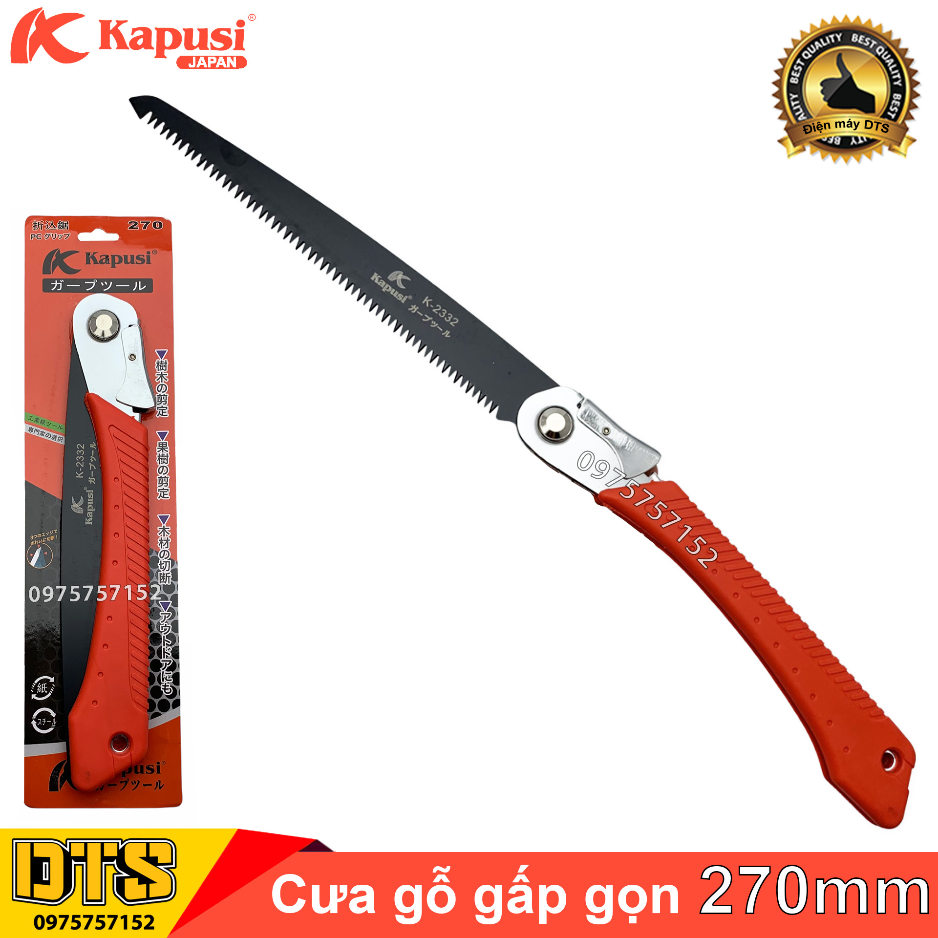 Cưa gỗ cầm tay gấp gọn đa năng Nhật Kapusi lưỡi dài 270mm, cưa cành cán xếp, cưa gấp gọn an toàn lưỡi 3D tăng độ sắc bén, tay cầm bọc nhựa chống trượt, cưa gỗ gập gọn, cưa gỗ dạng gập, cưa xếp, cưa gỗ đa năng
