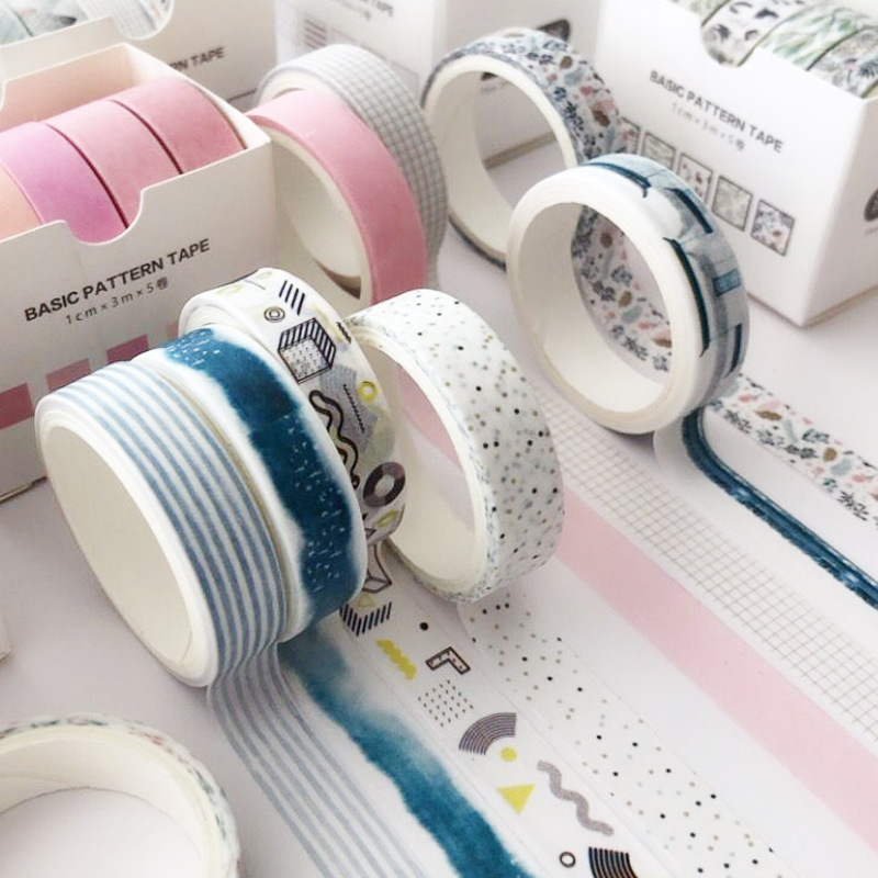 Set 5 cuộn washi tape Basic Pattern (Hàng có sẵn)