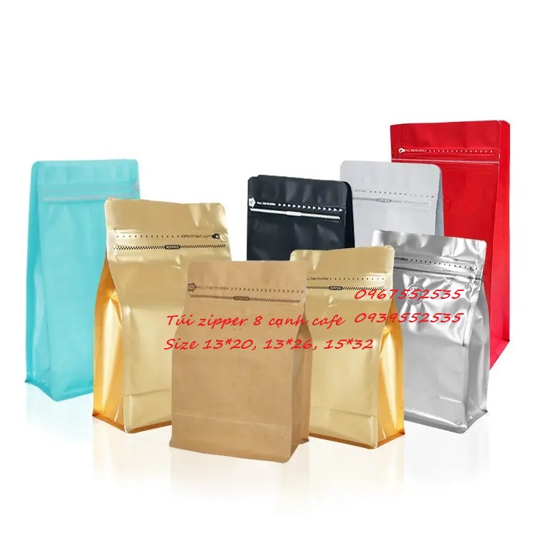 {500gr/size} TÚI ZIP ĐÁY ĐỨNG 8 CẠNH ĐỰNG CAFE (MÀU ĐỎ - ĐEN - TRẮNG, GIẤY KRAFT, BẠC, ĐỒNG)