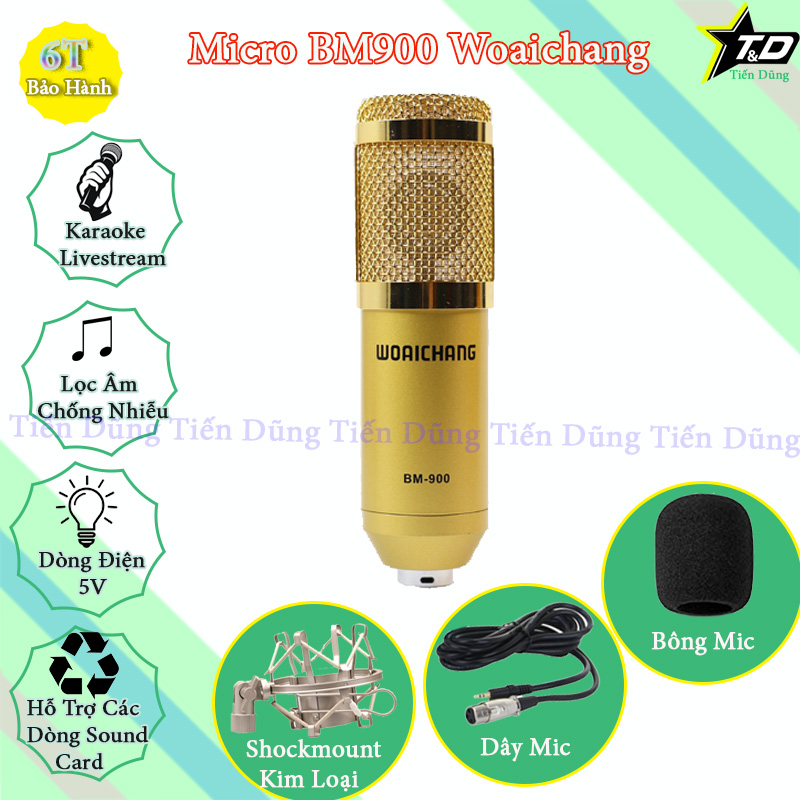 Bộ Mic thu âm BM900 Woaichang sound card k300 có autu tune và bluetooth dây livestream MA2 chân kẹp màng lọc