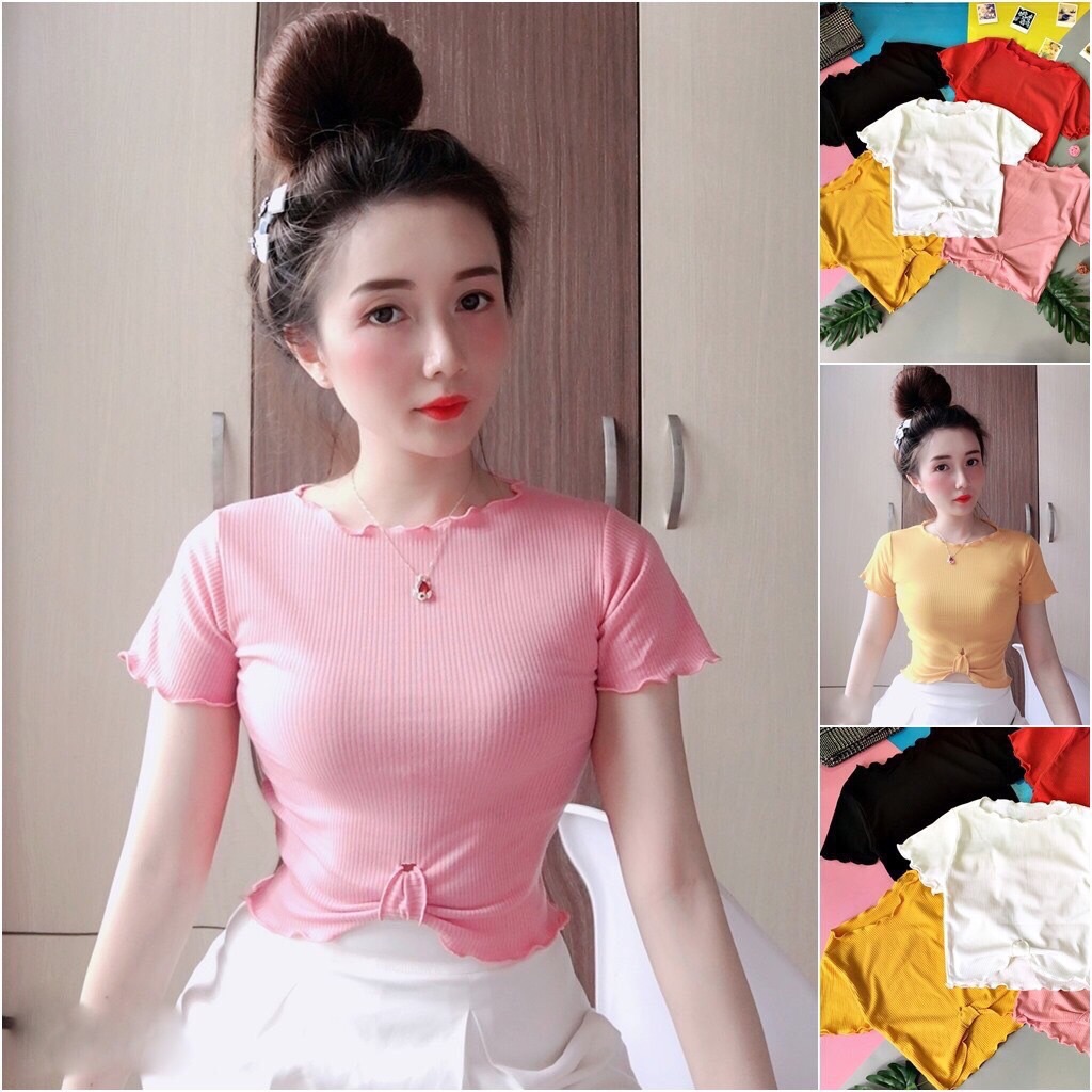 Áo thun tay ngắn cổ tròn nơ eo Crop top 40k 35-50kg