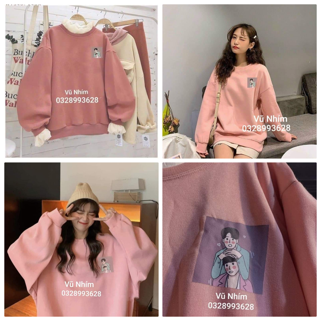 Áo nỉ sweater đôi bạn thân màu hồng