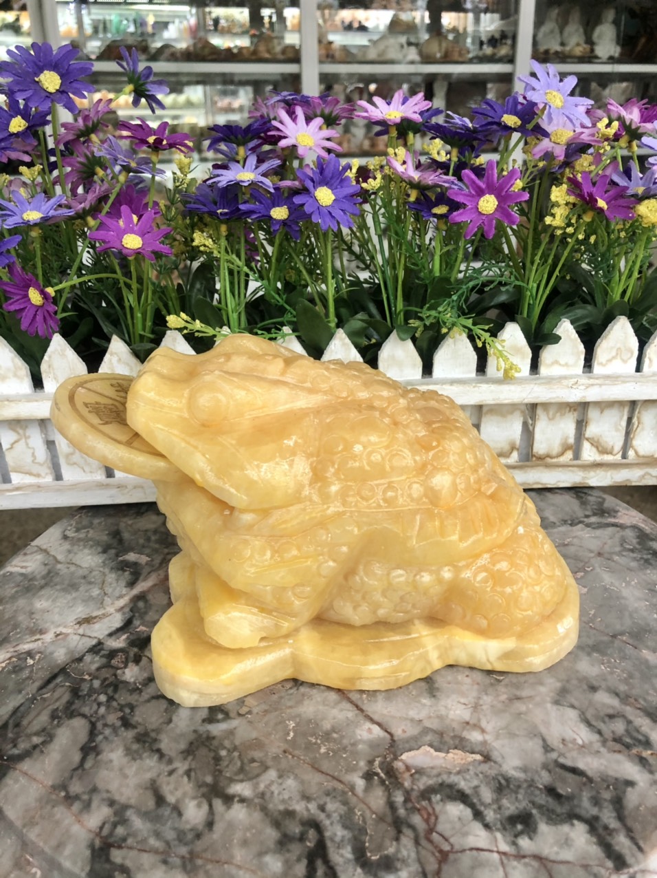 Tượng Cóc Thiềm Thừ phong thủy đá thạch anh vàng - Dài 15 cm