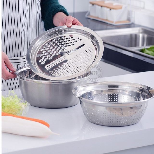 Chậu rổ nạo rau củ inox 3 chi tiết