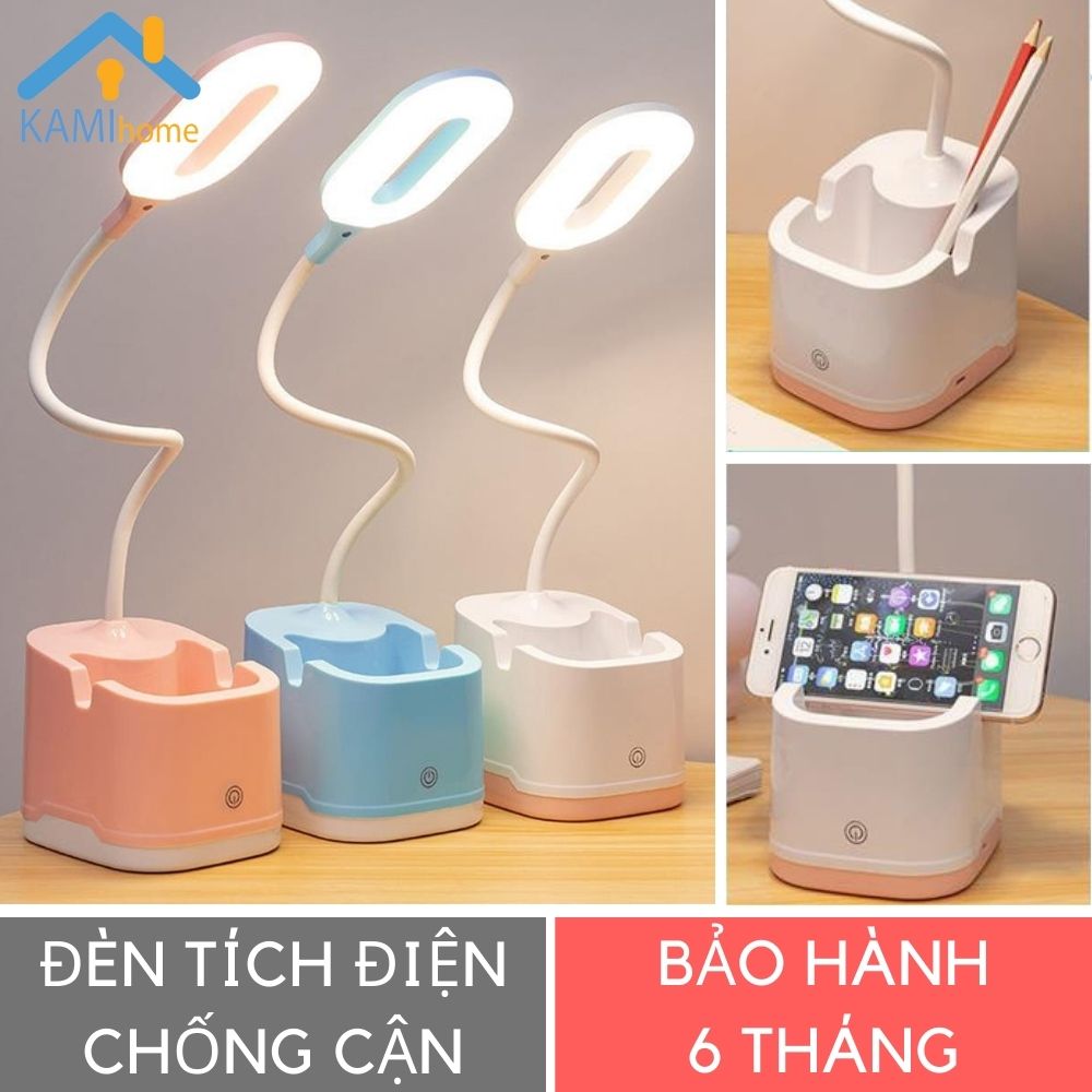 Đèn học để bàn chống cận thị sạc tích điện Bóng led siêu bền 3 chế độ sáng Pin dung lượng lớn 1.200mAh có Giá điện thoại và đựng đồ hình Vuông mã 36022a