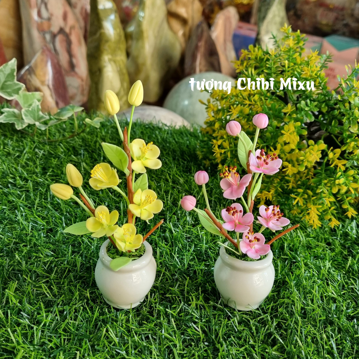 Chậu hoa mai  - hoa đào bằng đất sét Nhật cao cấp
