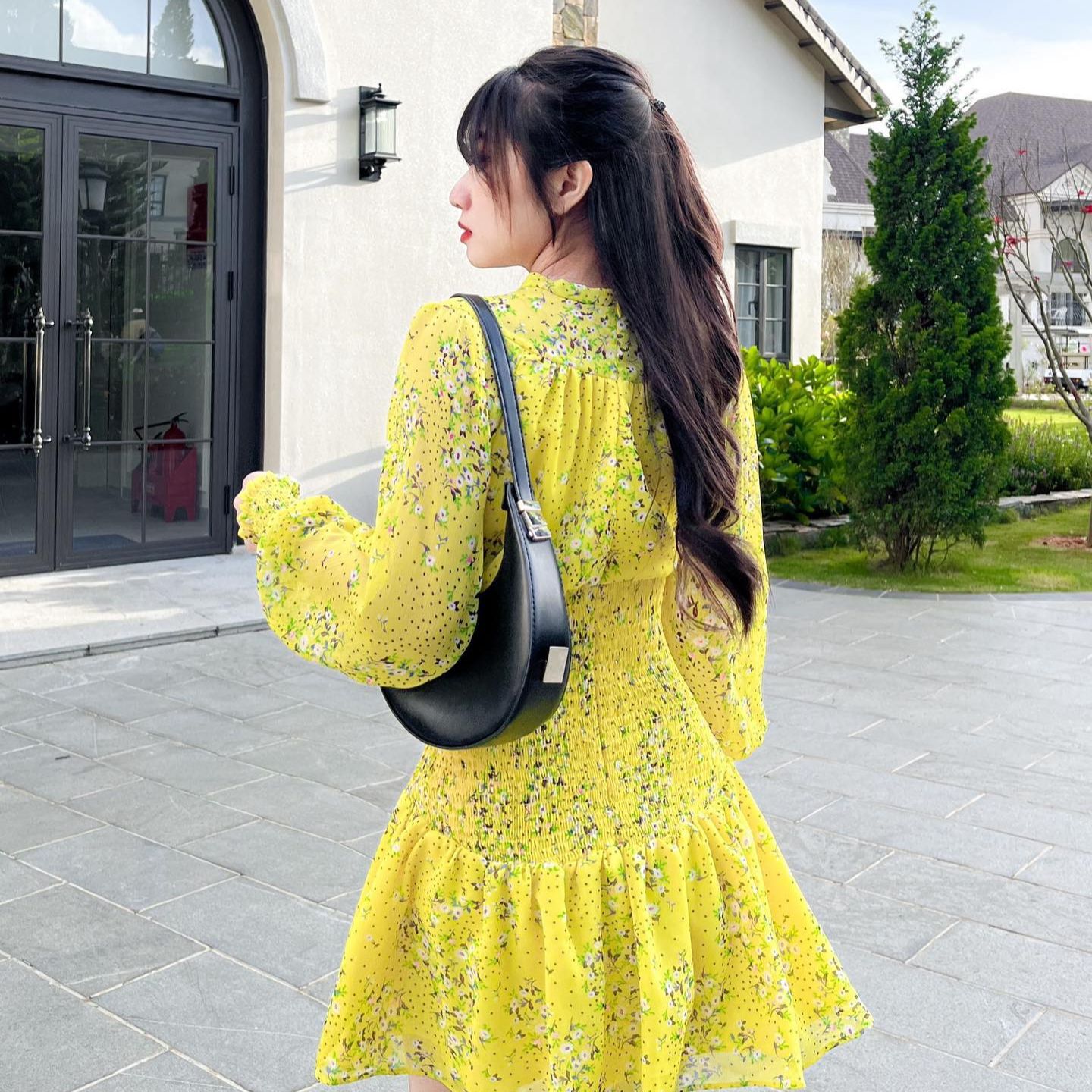 Đầm SANDRA - Đầm tay dài smocking eo cổ tròn