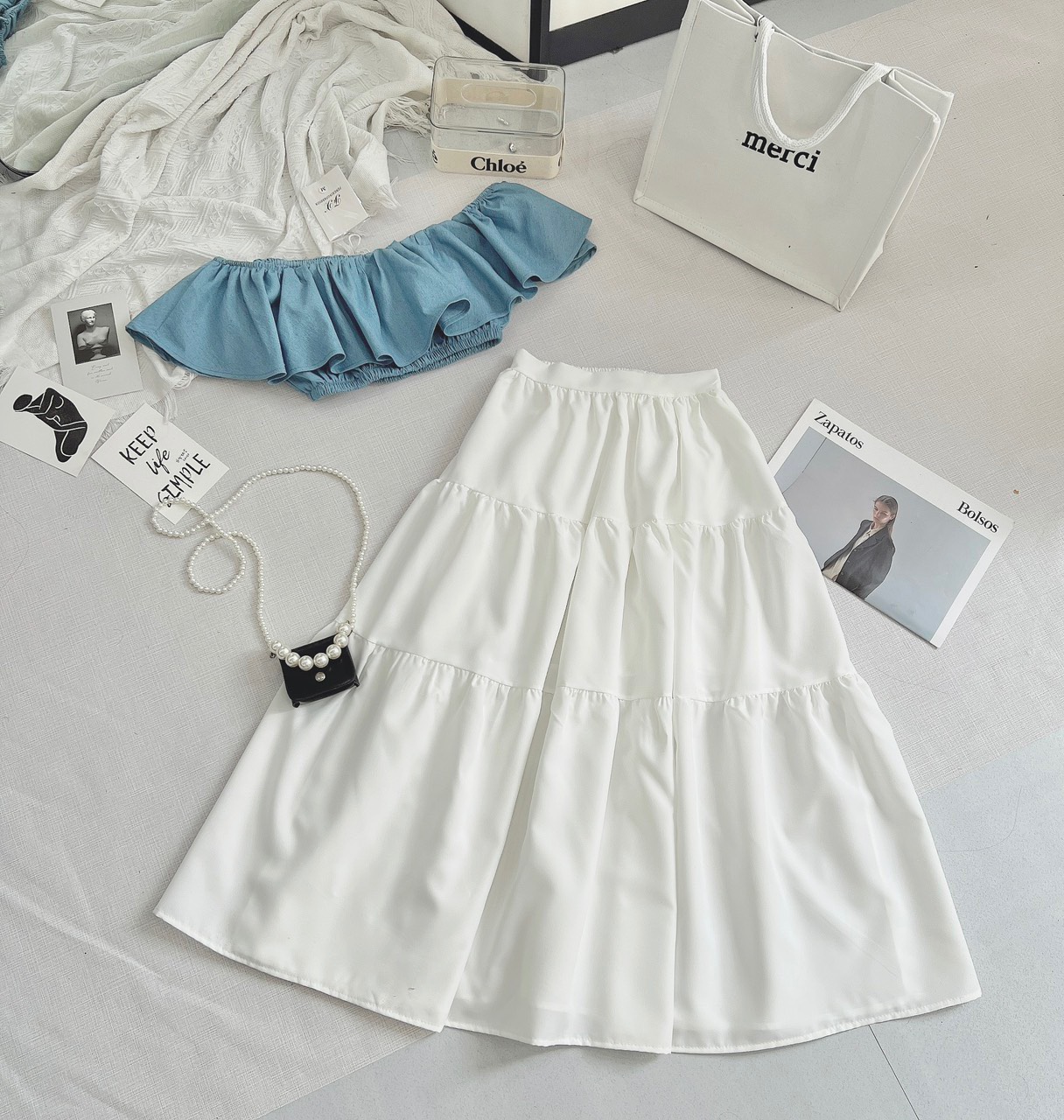SET ÁO TRỄ VAI MIX CHÂN VÁY TRẮNG MIDI